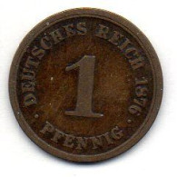 GERMANY - EMPIRE, 1 Pfennig, Copper, Year 1876-D, KM # 1 - 1 Pfennig