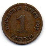 GERMANY - EMPIRE, 1 Pfennig, Copper, Year 1912-D, KM # 10 - 1 Pfennig