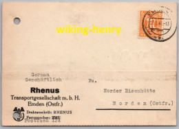 Emden - Firmenkarte Rhenus Transportgesellschaft MbH - 1946 An Die Norder Eisenhütte In Norden Ostfriesland - Emden