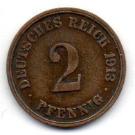 GERMANY - EMPIRE, 2 Pfennig, Copper, Year 1913-J, KM # 16 - 2 Pfennig