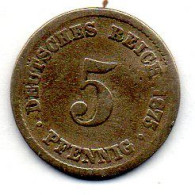 GERMANY - EMPIRE, 5 Pfennig, Copper-Nickel, Year 1875-C, KM # 3 - 5 Pfennig