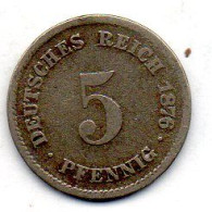 GERMANY - EMPIRE, 5 Pfennig, Copper-Nickel, Year 1876-D, KM # 3 - 5 Pfennig