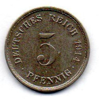 GERMANY - EMPIRE, 5 Pfennig, Copper-Nickel, Year 1914-A, KM # 11 - 5 Pfennig