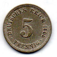 GERMANY - EMPIRE, 5 Pfennig, Copper-Nickel, Year 1908-F, KM # 11 - 5 Pfennig