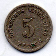 GERMANY - EMPIRE, 5 Pfennig, Copper-Nickel, Year 1890-J, KM # 11 - 5 Pfennig