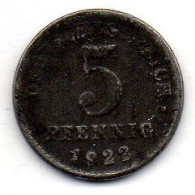 GERMANY - EMPIRE, 5 Pfennig, Iron, Year 1922-D, KM # 19 - 5 Pfennig
