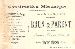 Carte Visite Commerciale Construction Mécanique Brun & Parent à Lyon Rue De Cuire Lisage , Jacquard Années 1890 - Visitenkarten
