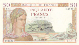 Billet 50 F Cérès Du 14-8-1935 FAY 17.14 Alph. U.2539 - Bel état 1 épinglage - 50 F 1934-1940 ''Cérès''