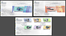 Hong Kong, China 2023 Develop Of Railway Services,Train,Odd Shaped,Unusual, Color Chop/Postmark RARE, Set Of 3 FDC (**) - Covers & Documents