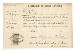 RARE - Colonie De La REUNION - QUITTANCE De RENTE VIAGERE + FISCAL  - 1922 - 1800 – 1899