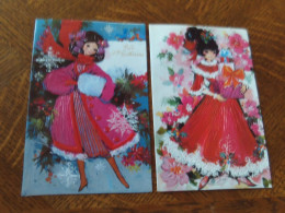 LOT DE 2 ILLUSTRATIONS FANTAISIE DOUBLE "VIVE STE CATHERINE" ...BELLES JEUNES FEMMES - Sainte-Catherine