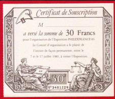 1 SPÉCIMEN VRAIE FAUSSE MONNAIE ASSIGNAT CERTIFICAT DE SOUSCRIPTION 30 FRANCS PHILEXFRANCE 1989 DOCUMENT FICTIF 12X10cm - Ficción & Especímenes