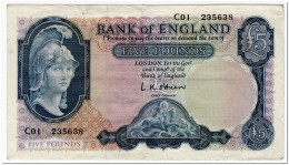 GREAT BRITAIN,BANK OF ENGLAND,5 POUNDS,1957-61,P.371,VF - 5 Pond