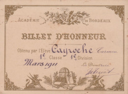 BILLET D HONNEUR   ACADEMIE DE BORDEAUX   1911 - Diplômes & Bulletins Scolaires