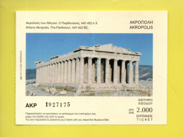 TICKET D'ENTRÉE . GRÈCE . ATHÈNES ACROPOLE . " THE PARTHENON AKROPOLIS " . LE PARTHÉNON - Réf. N°37924 - - Tickets D'entrée