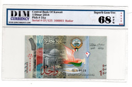 Kuwait Banknotes -  1 Dinar - Fancy Radar Number 308803 - ND 2014 - Superb Gem UNC 68 EPQ - Kuwait