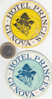 2 ETIQUETAS  - STICKER - LUGGAGE LABEL HOTEL  PRINCES GENOVA       - ITALIA - ITALY - Etiquetas De Hotel