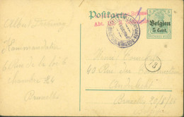 Guerre 40 Entier Deutsches Reich Surchargé Belgien 5 Cent Cachets Rond Postver ? Kommandantur Brussel + Linéaire Rouge - Guerra '40-'45 (Storia Postale)