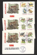 Mozambique 3 FDC Faune 1976 Moçambique Fauna Rhinocéros Hippopotame Gibier Singe Guépard Rhino Hippo Monkey Cheetah - Rhinoceros