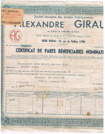 69 LYON SA Alexandre GIRAUD Année 1949  Certificat De Parts Bénéficiaires Nominatives 1142 - Other & Unclassified
