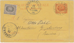 SAN MARINO - BIGLIETTO POSTALE . 20  STEMMA - VIAGGIATO PER MUENCHEN - GERMANIA -1896 - Postwaardestukken
