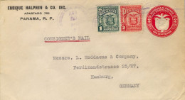 C. 1925 PANAMÁ , SOBRE ENTERO POSTAL DE DOS CENTÉSIMOS , CIRCULADO A HAMBURGO , FR. COMPLEMENTARIO YV. 136 , 137 - Panama