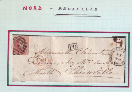 179/40 -- Enveloppe TP Médaillon 40 C BdF - Barres NORD Cachet BRUXELLES NORD 1862 Vers THIONVILLE Moselle - Bureaux De Passage