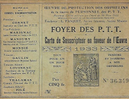 Carte De Souscripteur 1933 - Foyer Des PTT - Oeuvre Protection Des Orphelins De La Guerre - CACHAN - Sonstige & Ohne Zuordnung