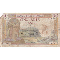 France, 50 Francs, 1939, F.10097, TB, Fayette:18.24, KM:85b - 50 F 1934-1940 ''Cérès''