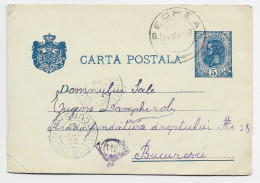 ROMANIA ENTIER 5 BANI CARTE CARTA POSTALA PECHEA 1907 TO BUCURESTI - Briefe U. Dokumente