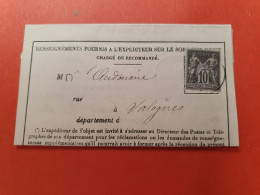 Sage 10ct Sur Demande De Renseignement D'un Envoi En Chargé De Paris Pour Valognes En 1880 - N 138 - 1877-1920: Semi Modern Period