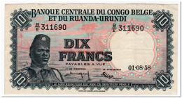 BELGIAN CONGO,10 FRANCS,1958,P.30b,VF+ - Banca Del Congo Belga