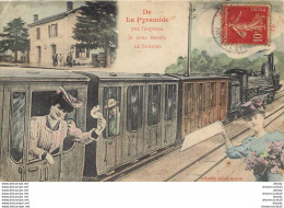 (XX) Carte Montage Gare Train Locomotive Voyageuse Voyageur. Un Bonjour De LA PYRAMIDE 49 En 1908 Mini Pli Coin - Otros & Sin Clasificación