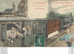 (XX) Carte Montage Gare Train Locomotive Voyageuse Voyageur. Un Bonjour De VIARMES 95 En 1908 - Viarmes