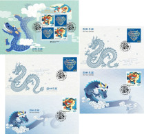 SOUTH KOREA 2024 New Year's Greeting,Zodiac,Dragon, Official FDC (2+MS 1) + PostCard (2 Pcs) Set (**) - Korea (Süd-)
