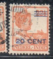 DUTCH INDIA INDIE INDE NEDERLANDS HOLLAND OLANDESE NETHERLANDS INDIES 1922 SURCHARGED QUEEN WILHELMINA 20c On22 1/2 USED - Nederlands-Indië