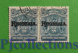 S784- RHODESIA 1909 COAT OF ARMS OVERPRINTED 2 1/2p IN COPPIA - COUPLE USATI - USED - Noord-Rhodesië (...-1963)