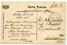 BELGIQUE - SIMPLE CERCLE BILINGUE 2 * BELGIQUE * 2 + GRIFFE CORRESPONDANCE PRIVEE SUR CARTE POSTALE D'ARLON, 1919 - Lettres & Documents