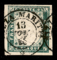 Antichi Stati Italiani - Sardegna - 1855 - 5 Cent Verde Smeraldo Grigiastro (13g) - Usato - Raybaudi + Diena (1.000) - Sonstige & Ohne Zuordnung