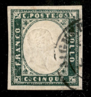 Antichi Stati Italiani - Sardegna - 1857 - 5 Cent Verde Mirto (13Aa) - Usato - Cert. Raybaudi (2.000) - Altri & Non Classificati