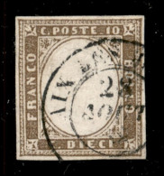 Antichi Stati Italiani - Sardegna - 1858 - 10 Cent Terra D'ombra Chiaro (14a) Usato A Aix - G. Bottacchi - Altri & Non Classificati