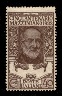 Regno - Vittorio Emanuele III - 1922 - 40 Cent Mazzini  (129 Varietà Aa) - Filigrana Lettere Parziale (6/10) - Gomma Ori - Sonstige & Ohne Zuordnung