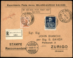 Regno - Posta Aerea - Esperimento Posta Aerea Milano Zurigo 9.9.25 - Aerogramma Raccomandato Del Primo Volo (190 + 204) - Sonstige & Ohne Zuordnung