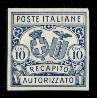 Regno - Recapito Autorizzato - 1928 - Prova D’Archivio - 10 Cent (P1) - Sempre Senza Gomma (500) - Other & Unclassified