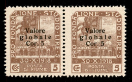 Occupazioni I Guerra Mondiale - Fiume - 1920 - 5 Su 5 Corone (110 Varietà + 110) - Coppia Orizzontale - Cifra Sottile A  - Other & Unclassified