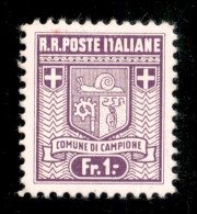 Emissioni Autonome - Campione - 1944 - 1 Franco Stemma (5a - Zumstein 5A.2.03) Con T Rotta - Gomma Originale - 200 Nella - Altri & Non Classificati