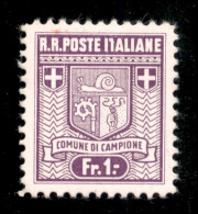 Emissioni Autonome - Campione - 1944 - 1 Franco Stemma (5a - Zumstein 5A.2.03) Con T Rotta - Gomma Originale - 200 Nella - Autres & Non Classés