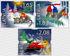 Latvia Lettland Lettonia 2023 Merry Cristmas Full Stamp Set MNH , Cat, Owl, Bunny - Natale