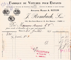PARIS -75011- FACTURE Fabrique De Voitures Pour Enfants J.Rombach, Succ, 140, Rue Saint-Maur Et 15,rue Morand - A7766 - 1900 – 1949