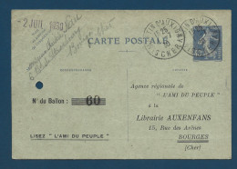 Entier Postal Semeuse 40c Bleu- L'AMI DU PEUPLE- St Martin D'Auxigny Cher - Cartes Postales Repiquages (avant 1995)